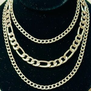 Elegant Silver Tone Layered Curb Chain 3 Strand Necklace